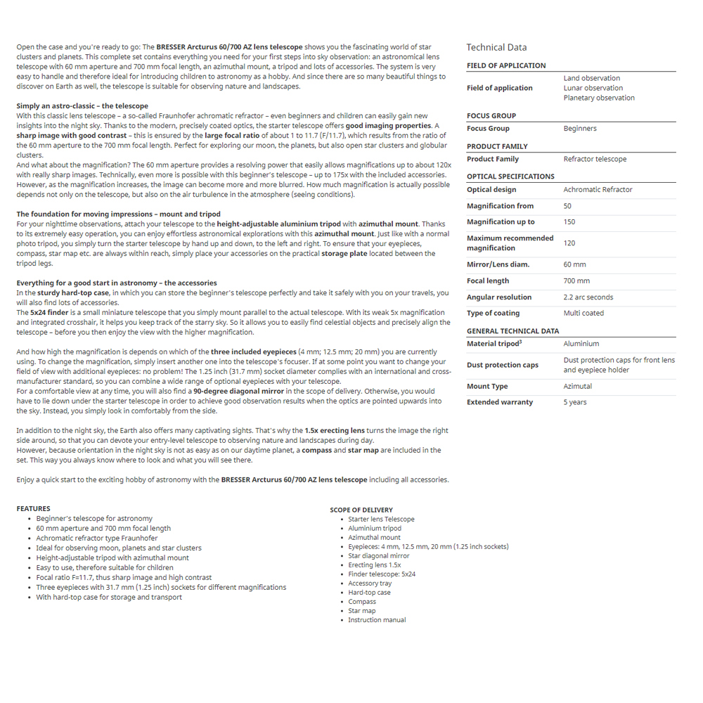 Teleskoop BRESSER "Juunior Arcturus 60/700 AZ" kohvris